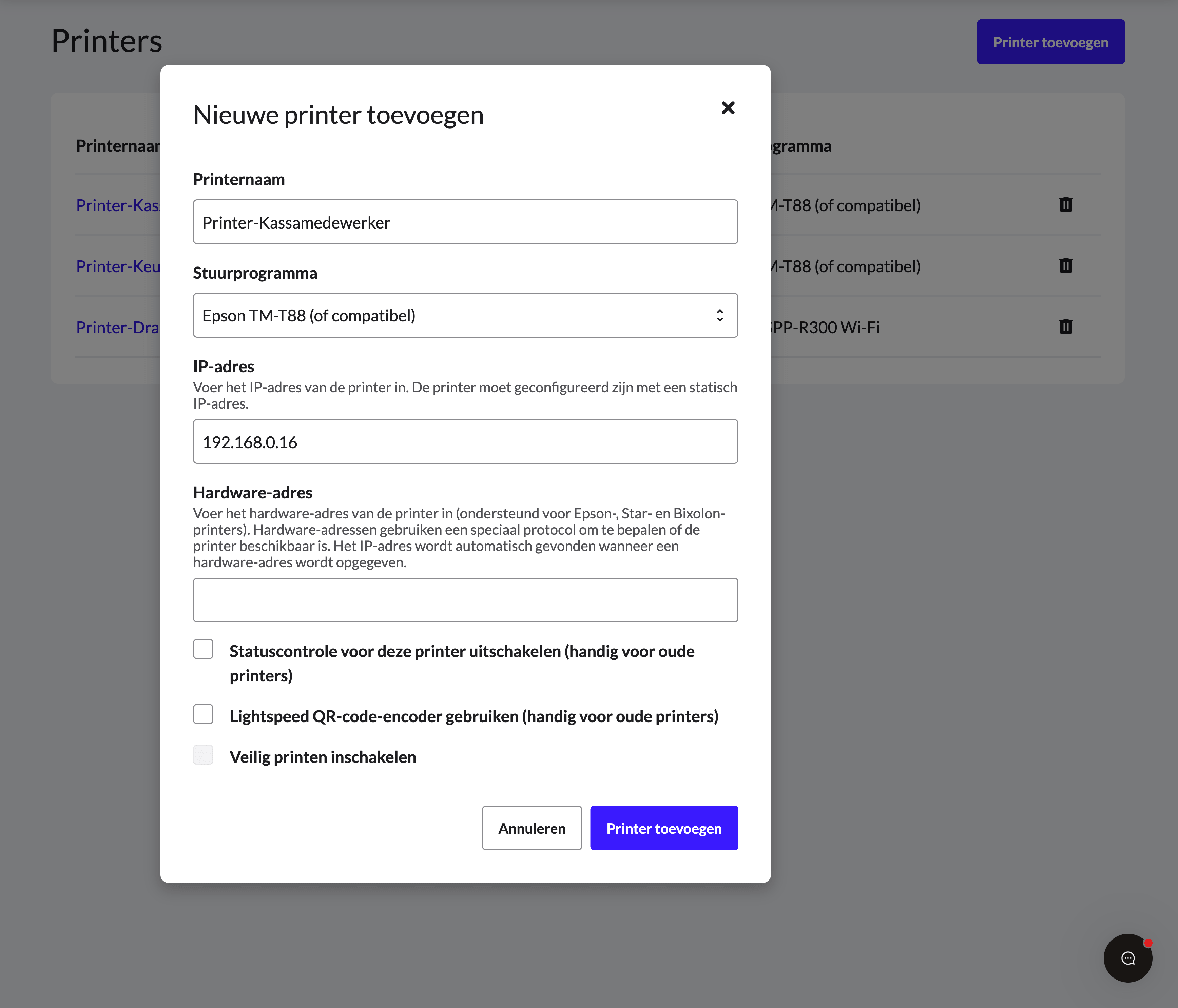 De printerconfiguratiepagina in de Lightspeed-backoffice. Er wordt een pop-upvenster met bewerkingsopties weergegeven.