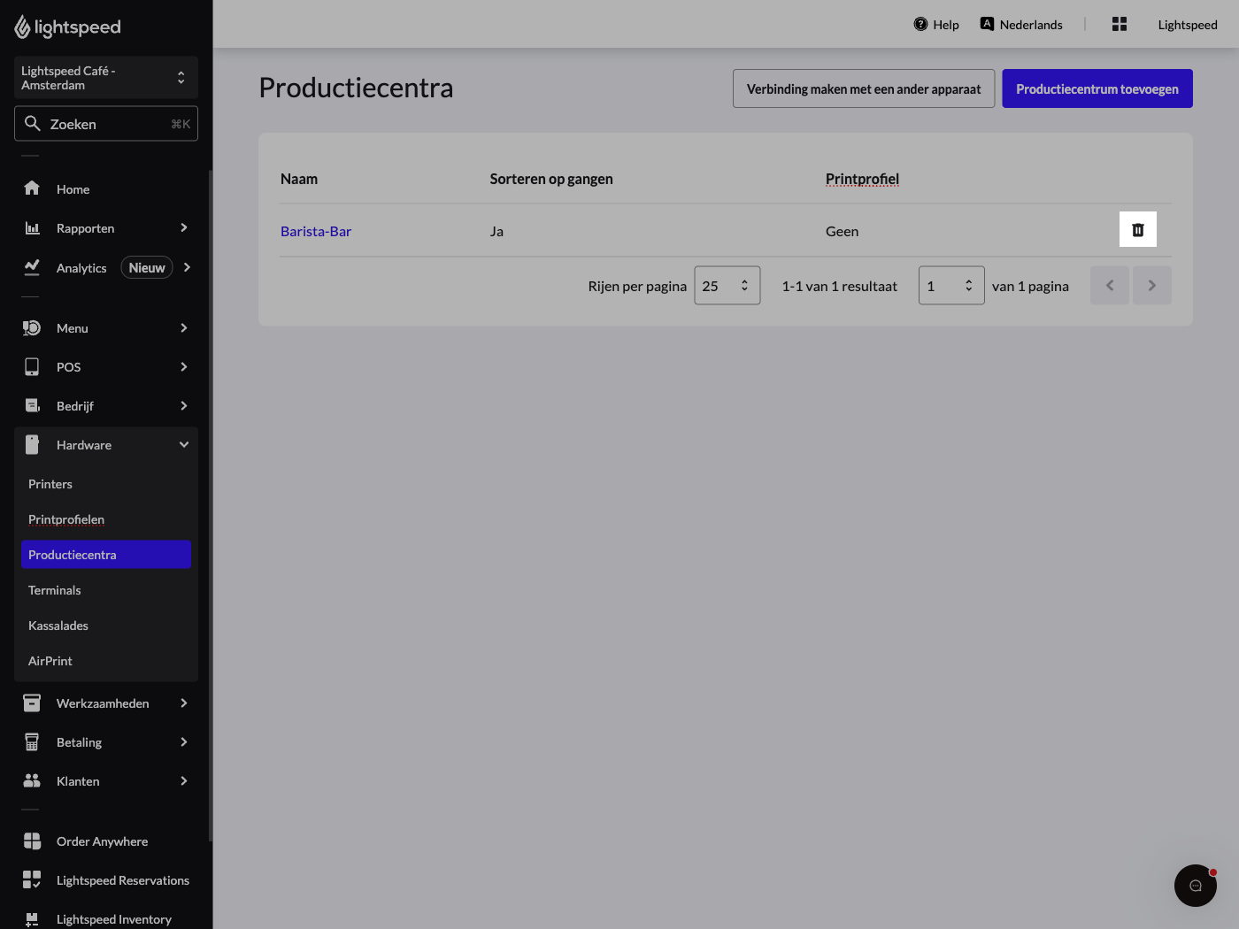 Productiecentra verwijderen
