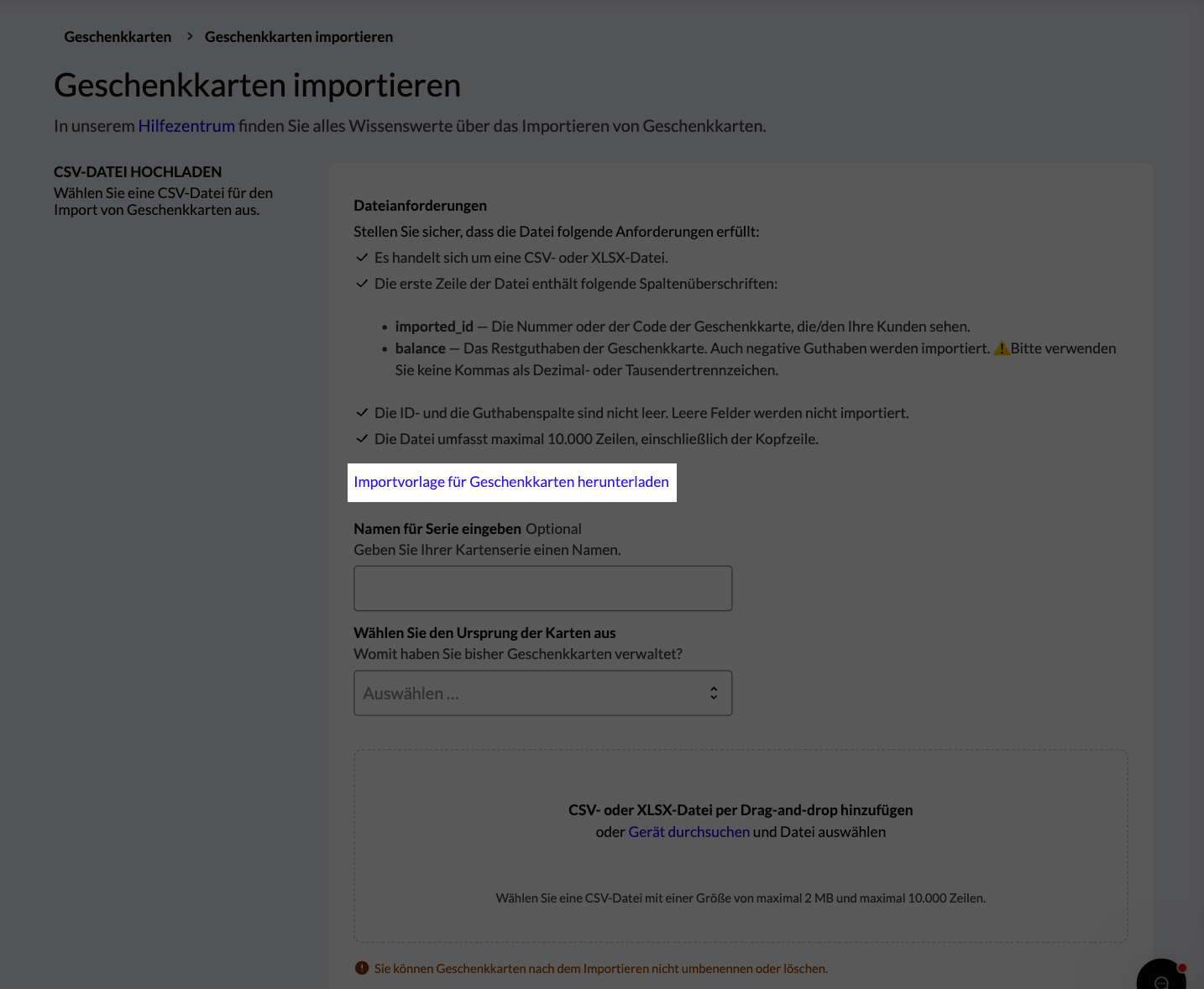 Der Link „Vorlage für den Geschenkkartenimport herunterladen“ ist hervorgehoben