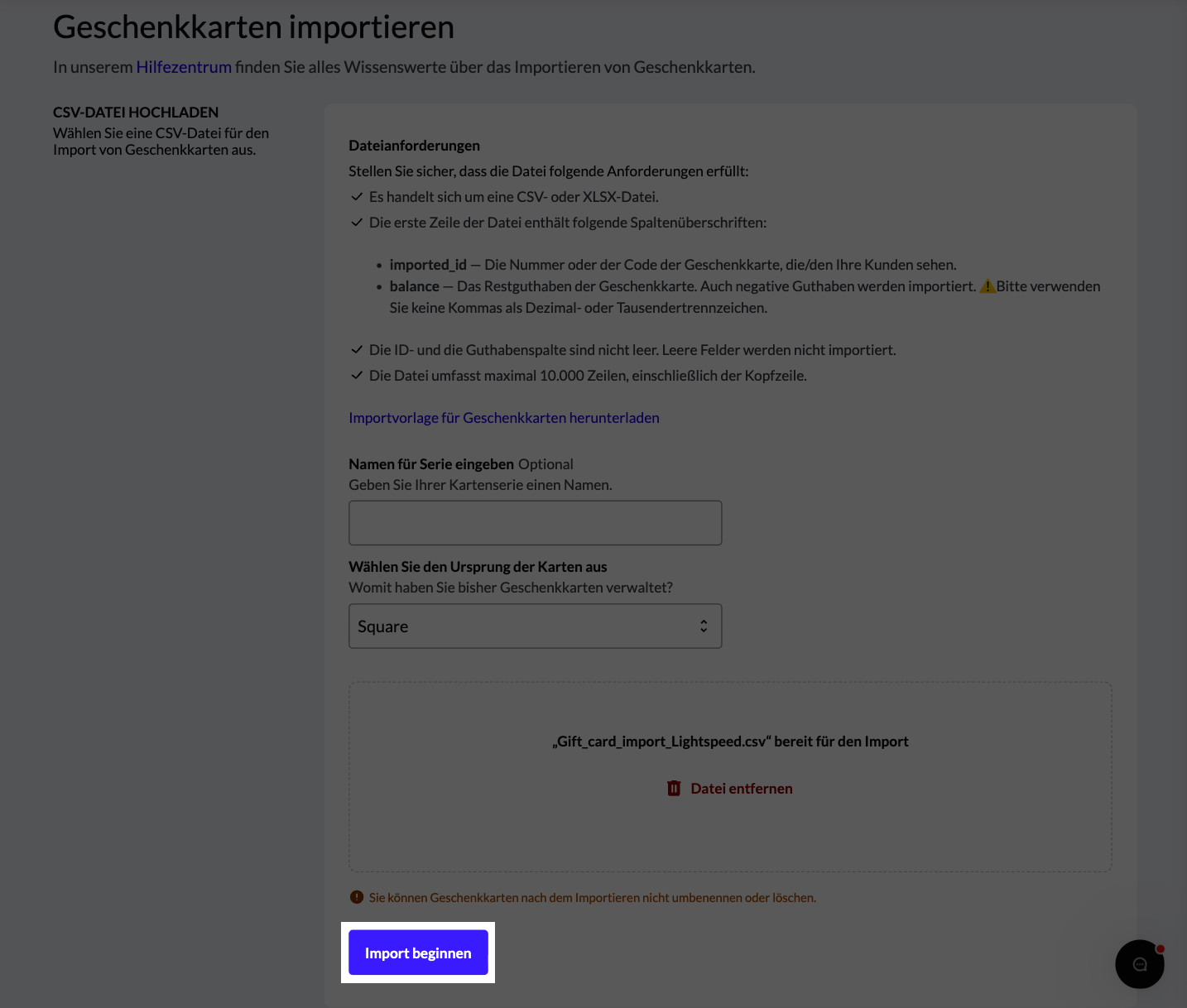 Die Schaltfläche „Import starten“ ist hervorgehoben
