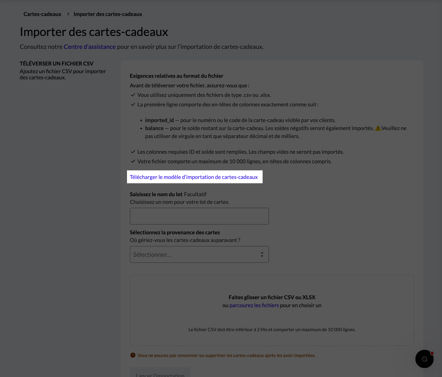 Le lien 'Télécharger le modèle d'importation de cartes-cadeaux' mis en surbrillance