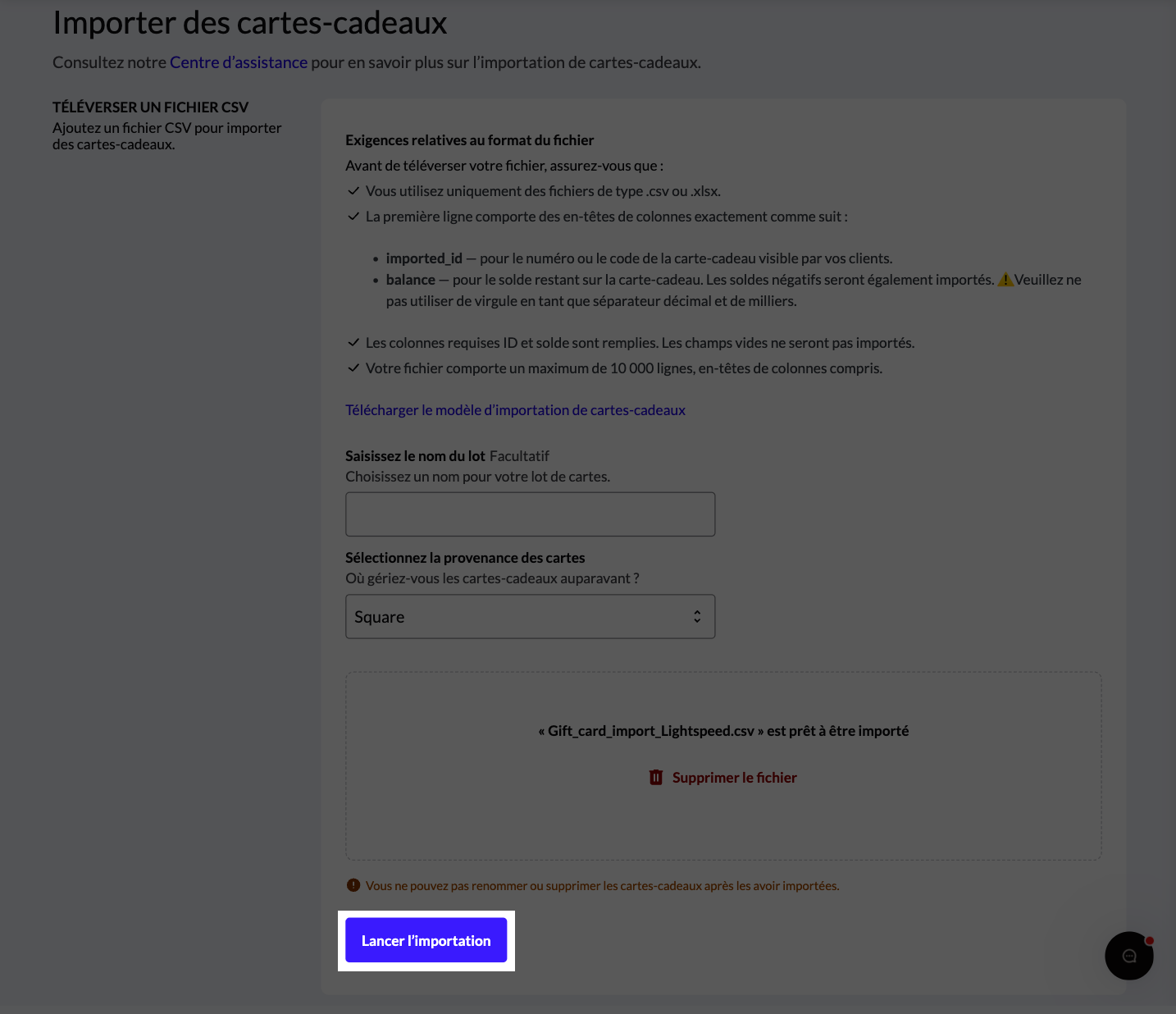 Le bouton 'Lancer l'importation' mis en surbrillance
