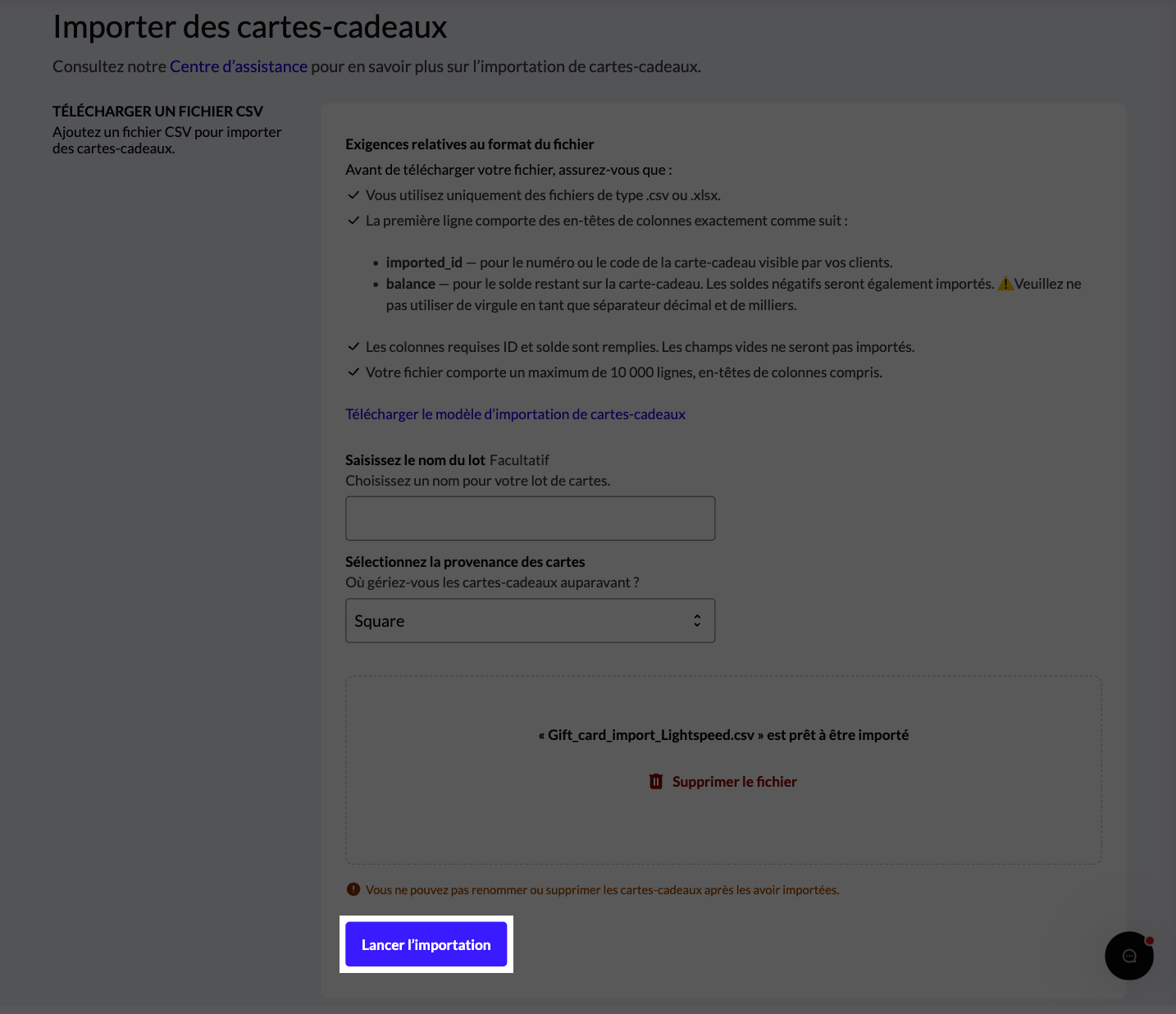 Le bouton 'Démarrer l'importation' mis en surbrillance