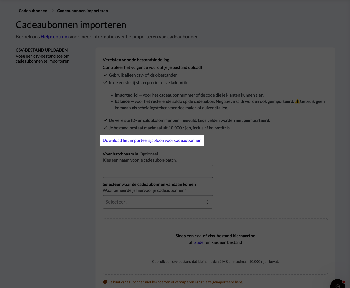 De link 'Importsjabloon voor cadeaubonnen downloaden' is gemarkeerd