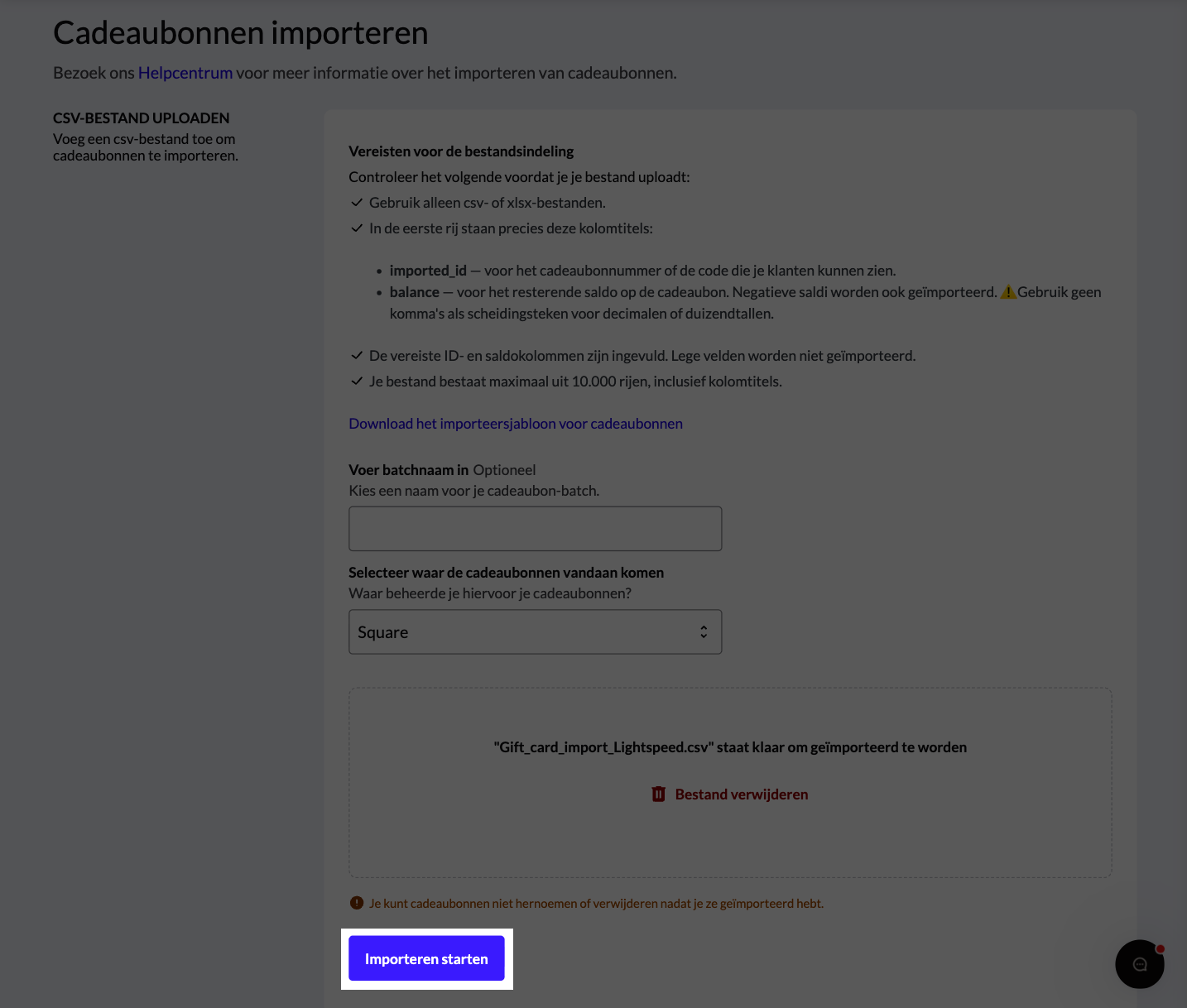 De knop 'Importeren starten' uitgelicht
