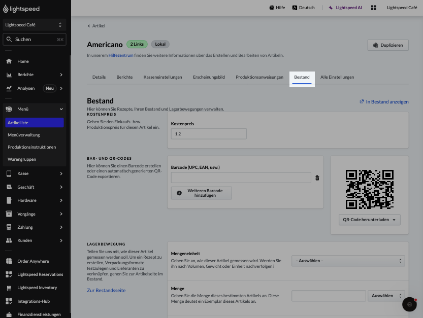 Der Tab „Bestand“ in den Artikeleinstellungen
