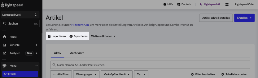 Die Schaltfläche „Importieren und Exportieren“ in der Menüartikelliste