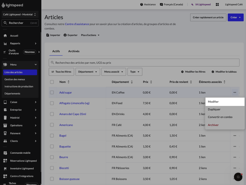 L'option Modifier pour les articles dans Lightspeed Restaurant