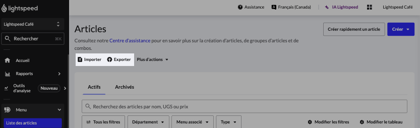 Le bouton Importer et Exporter dans la liste des articles du menu