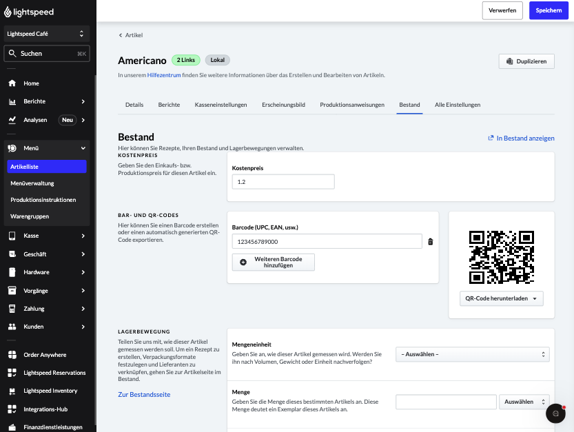 Das Feld Barcode in den Artikeleinstellungen
