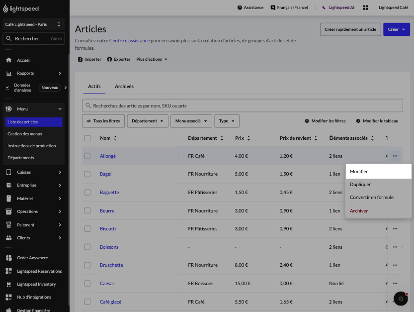 L'option Modifier pour les articles dans Lightspeed Restaurant
