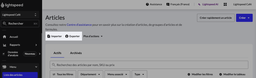 Le bouton Importer et Exporter dans la liste des articles du menu
