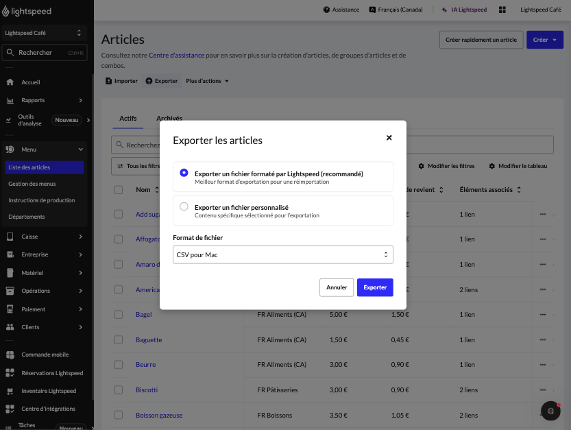 L'écran du format d'exportation dans la liste des articles du menu