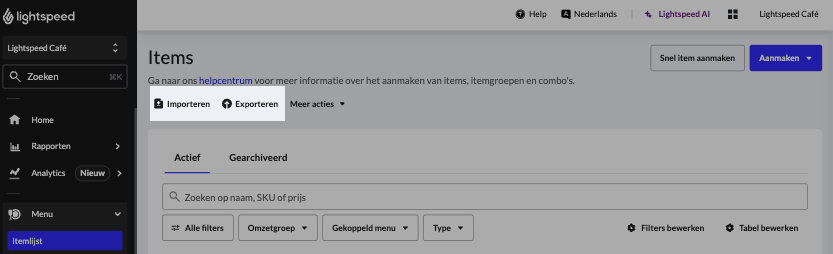 De knop Importeren en exporteren in de lijst met menu-items