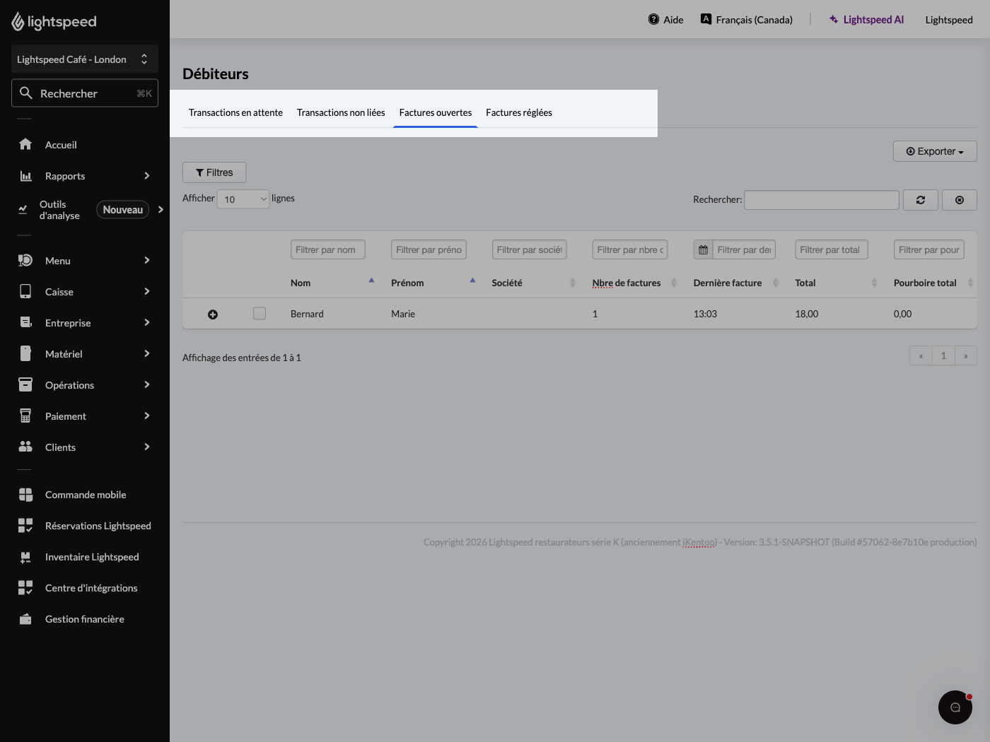 Options de la page Débiteurs