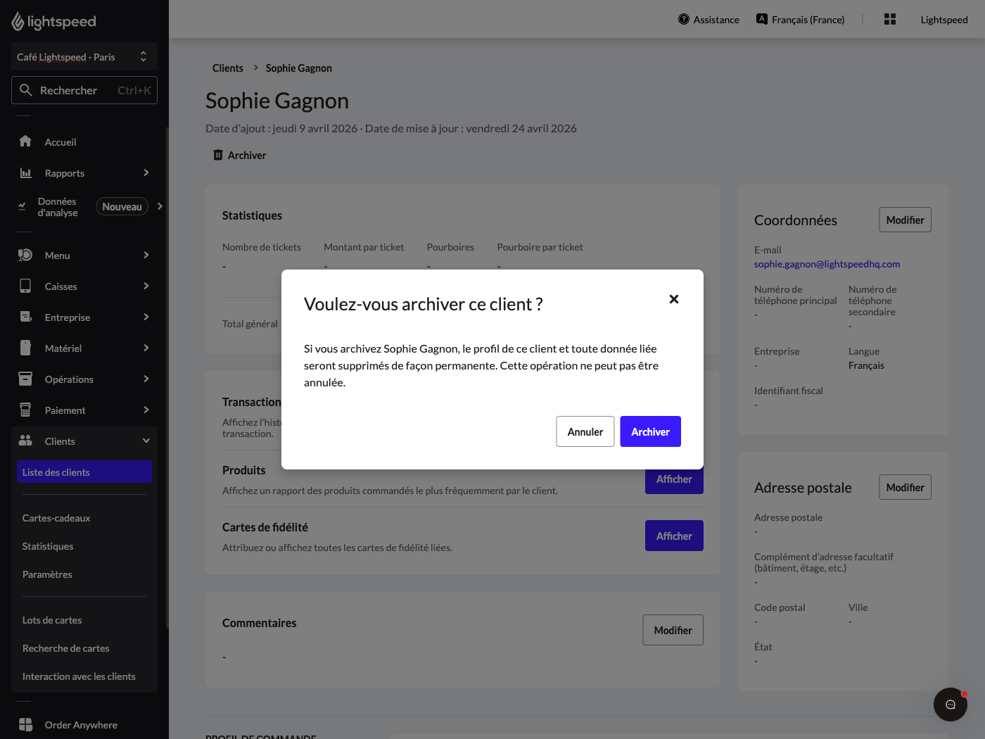 Fenêtre contextuelle de confirmation d’archivage du client