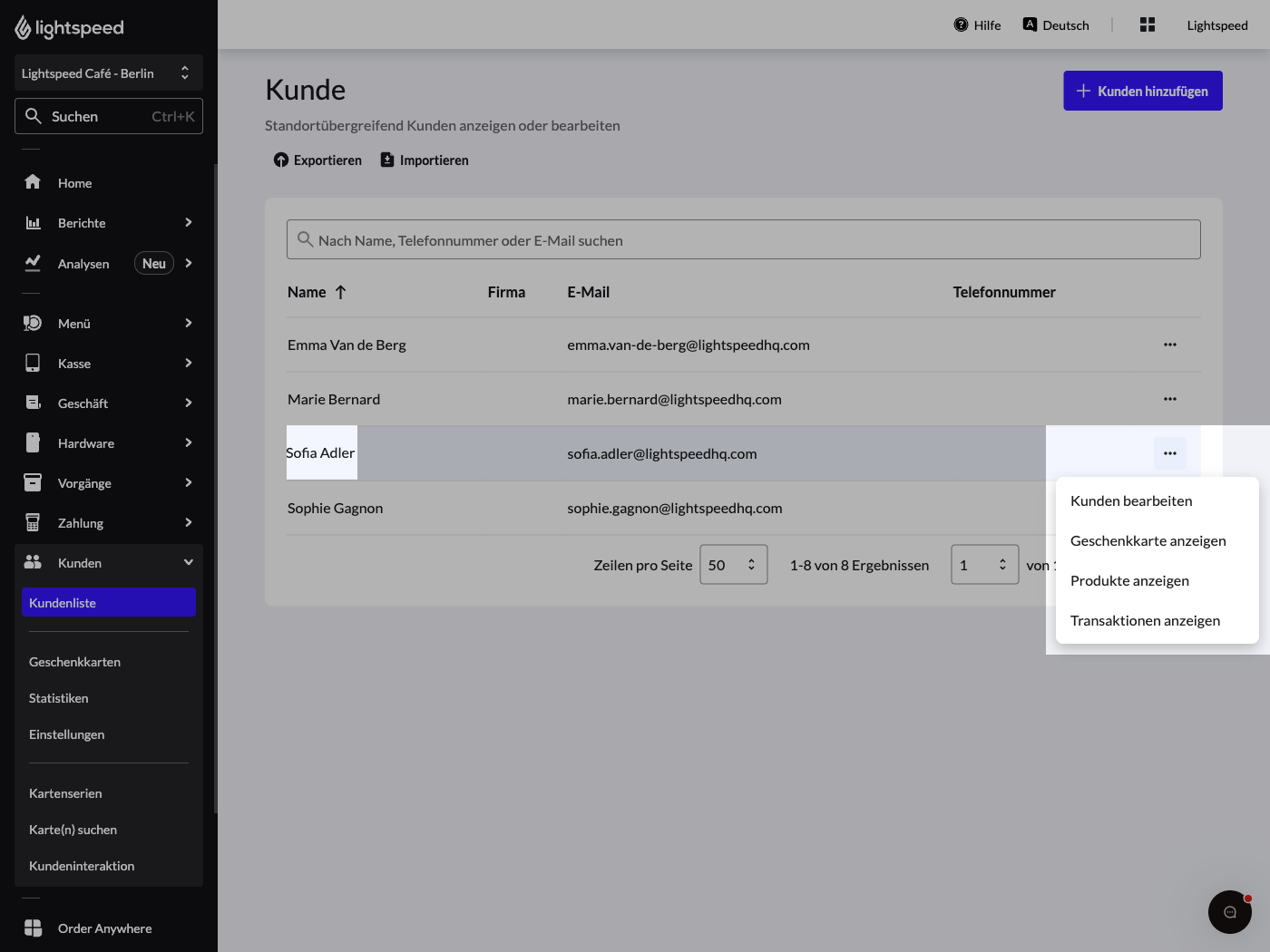 Dropdown-Menü „Aktionen“ hervorgehoben