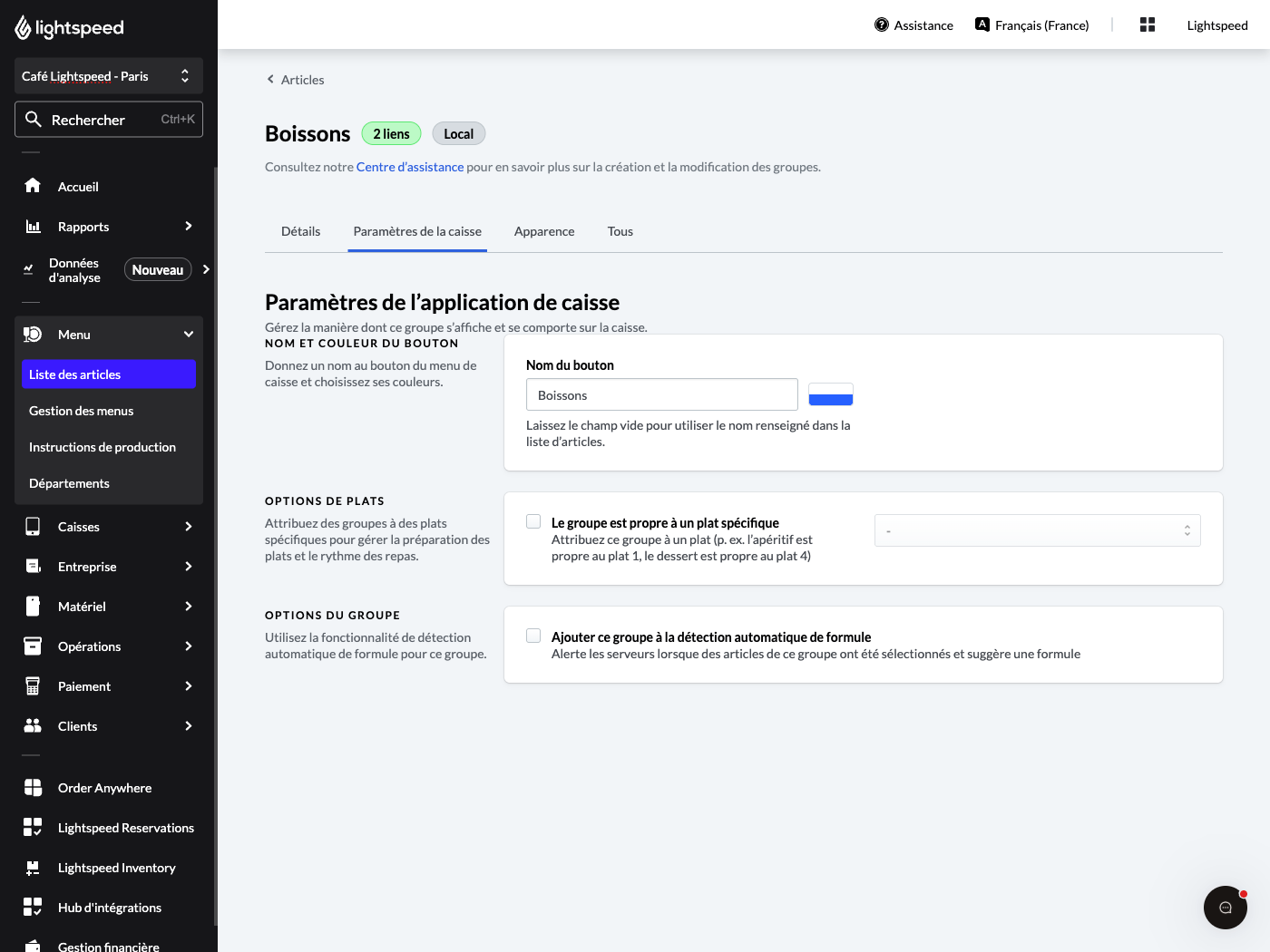 L’onglet Paramètres de l’application de caisse