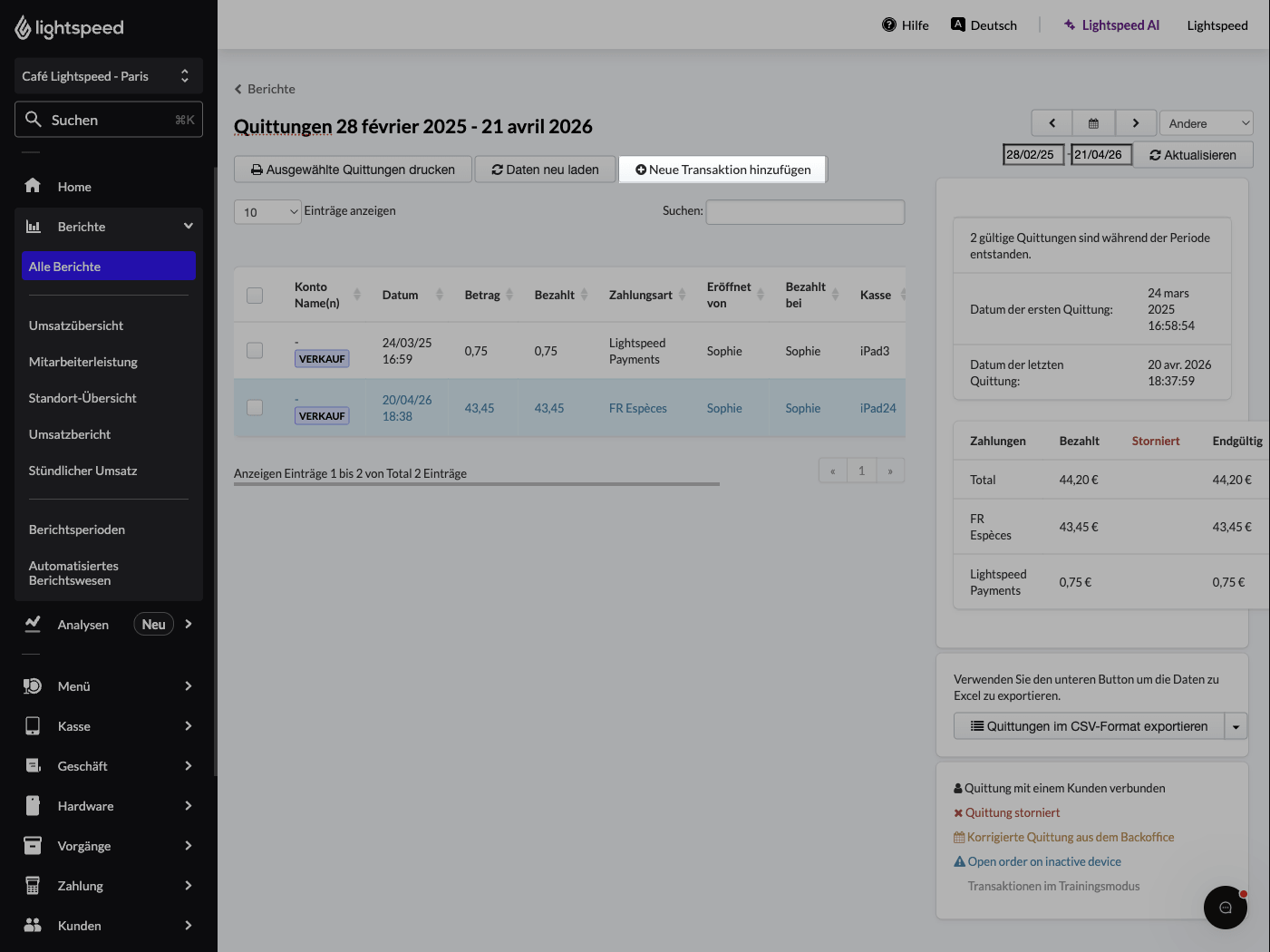 The Receipts report with the 'Create new transaction' button highlighted