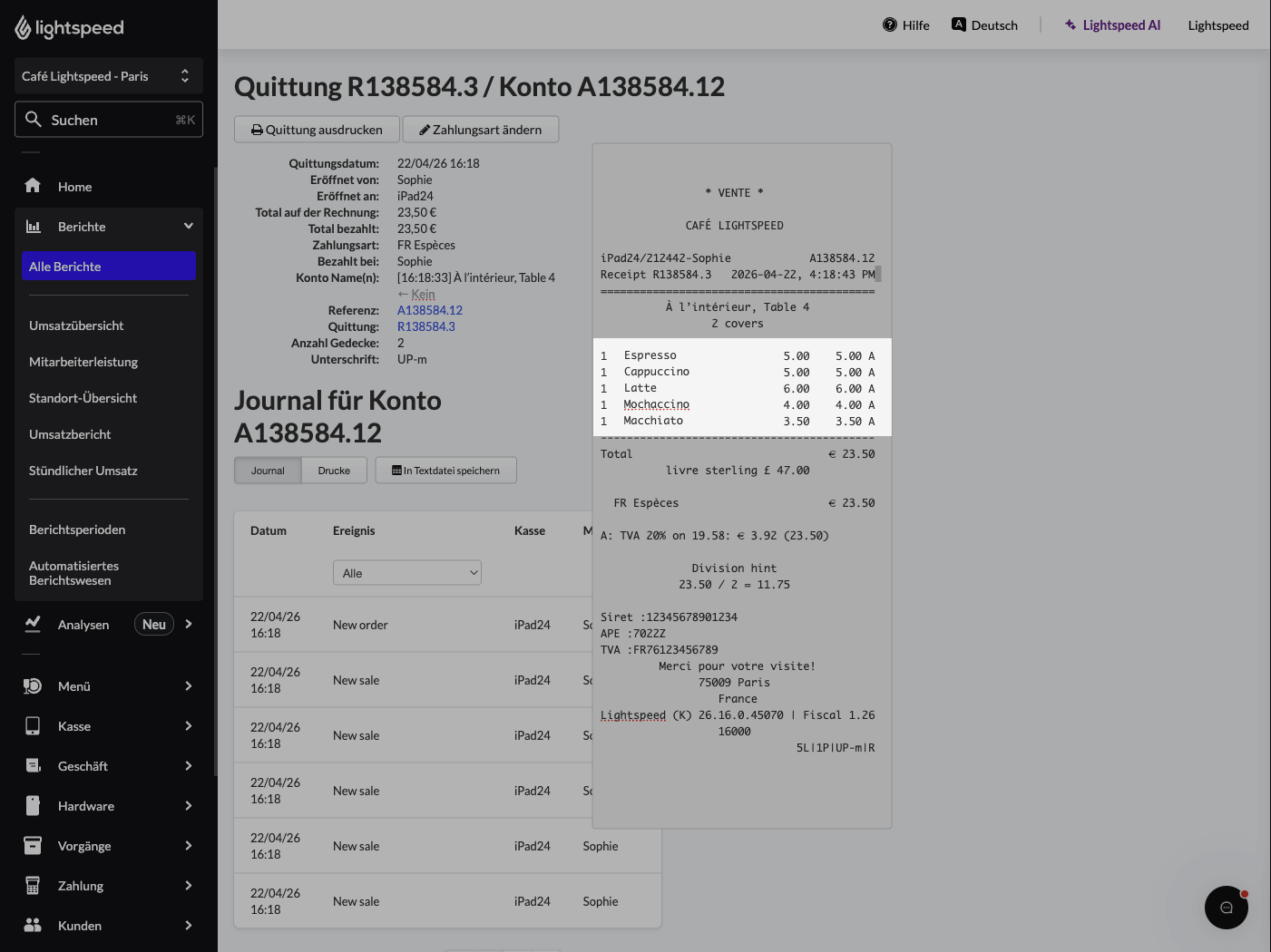 The Receipt report with a receipt selected and the items on the receipt highlighted