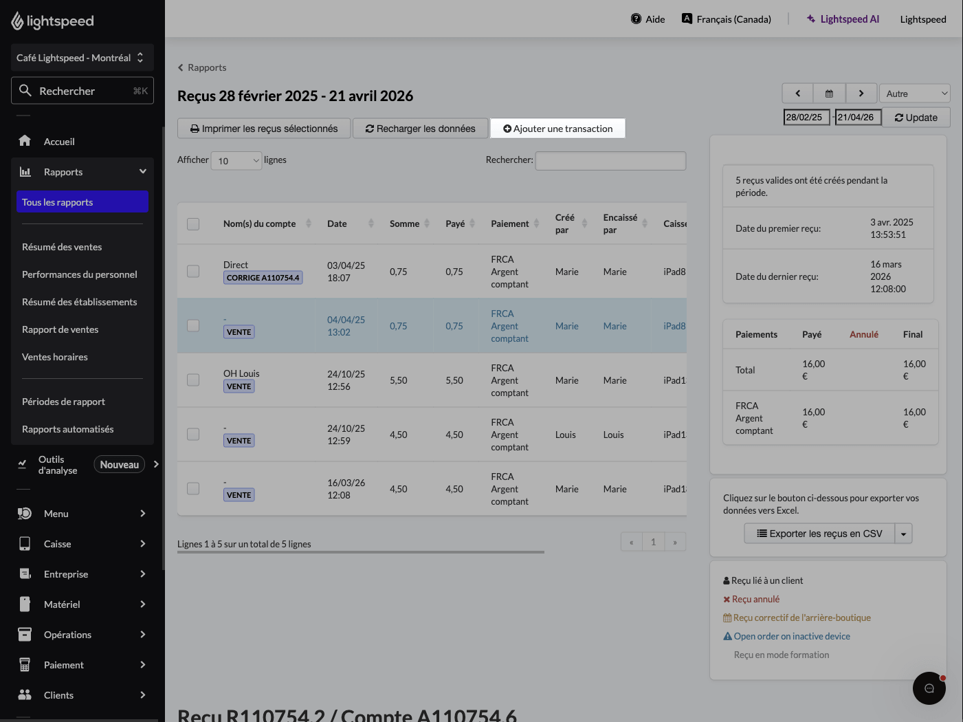 The Receipts report with the 'Create new transaction' button highlighted