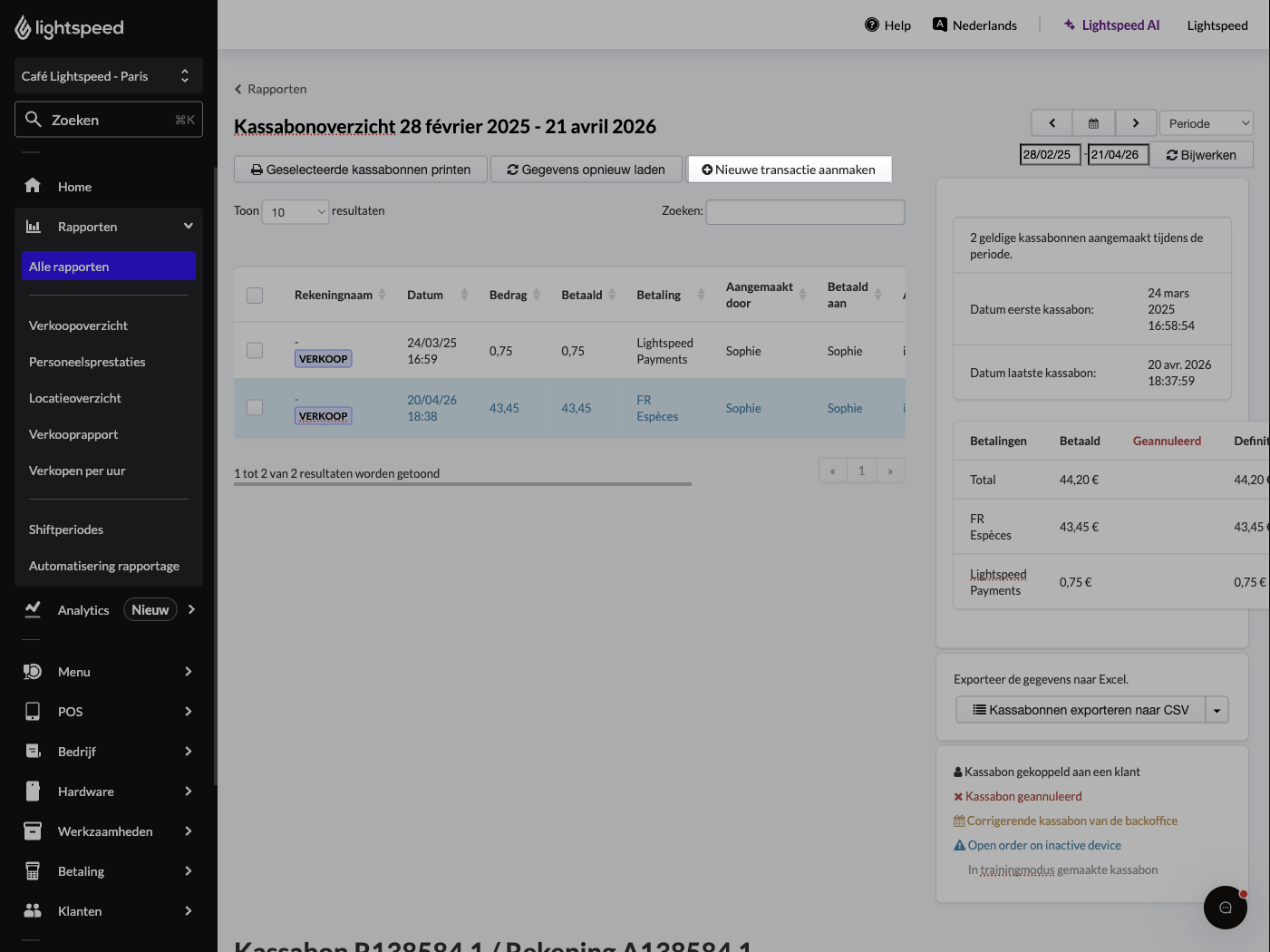 The Receipts report with the 'Create new transaction' button highlighted