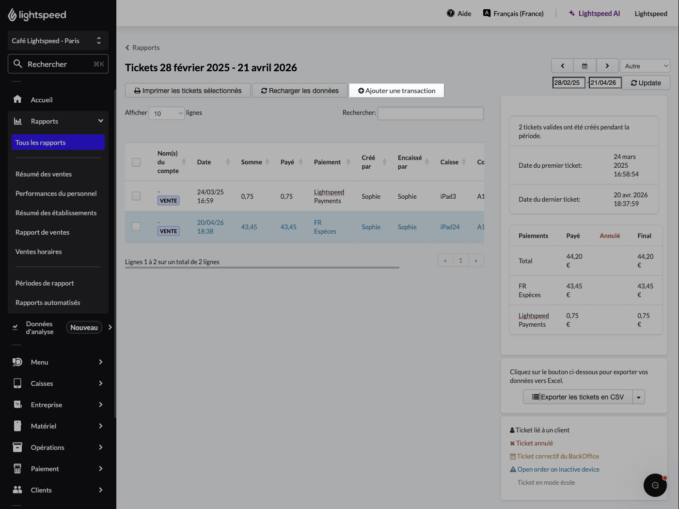 The Receipts report with the 'Create new transaction' button highlighted