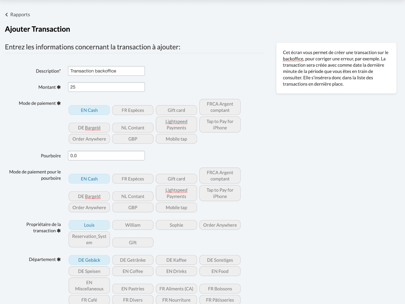 Création d’une nouvelle transaction en cours depuis le back-office. Les champs Description, Montant et d’autres champs sont visibles