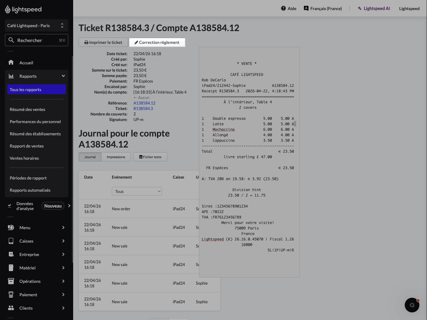 Un ticket du rapport des tickets avec le bouton 'Correction règlement' mis en surbrillance