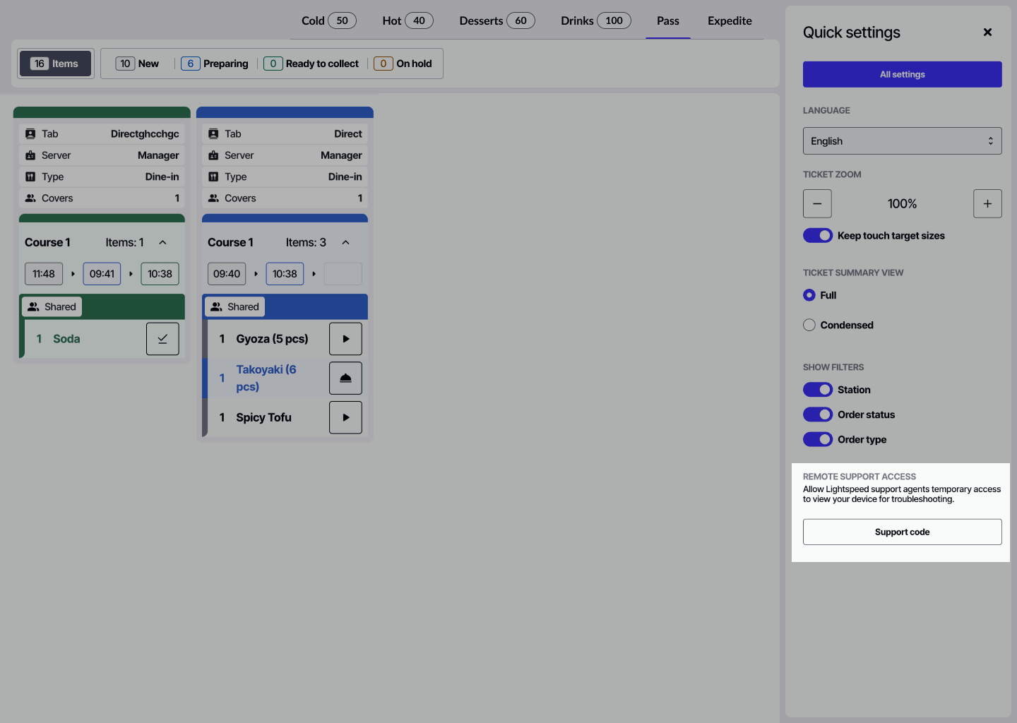 The quick settings menu of the KDS with 'Remote Support Access' highlighted.