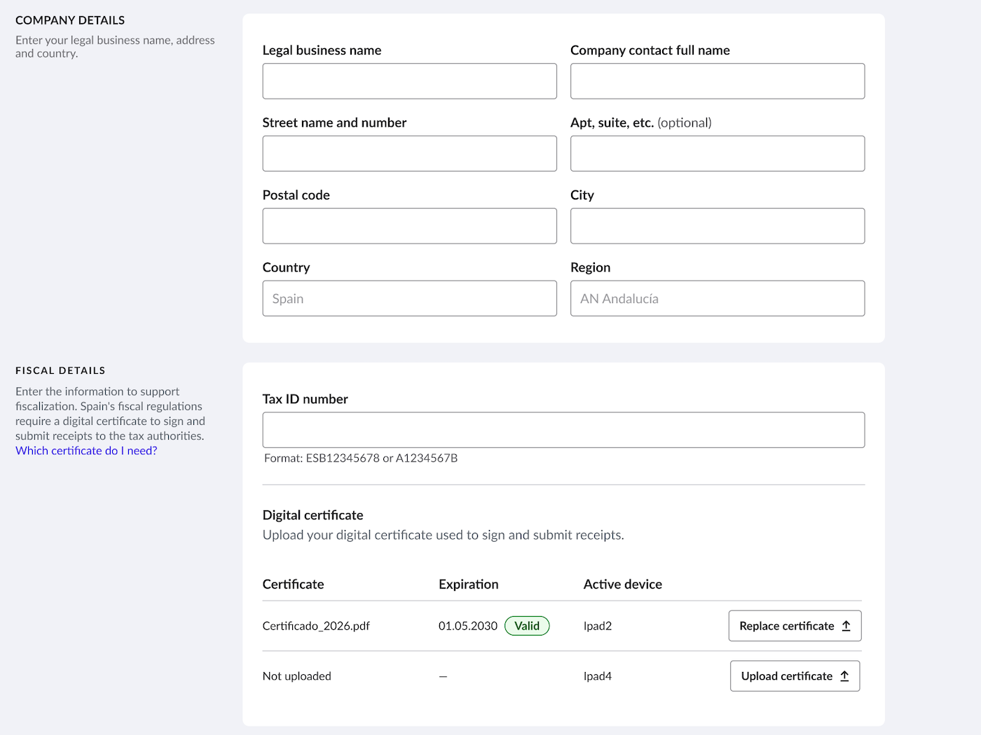The Business settings page of Lightspeed Restaurant, showing the status of the current certificate is visible.