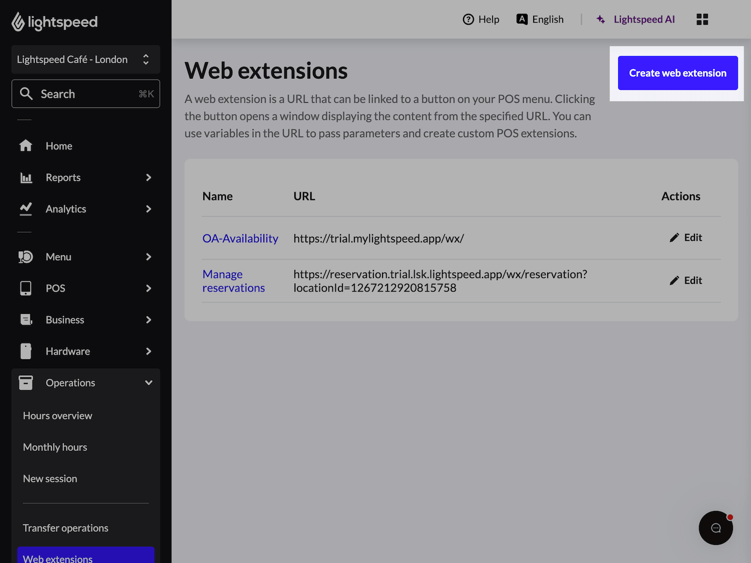 Lightspeed Restaurant create web extension