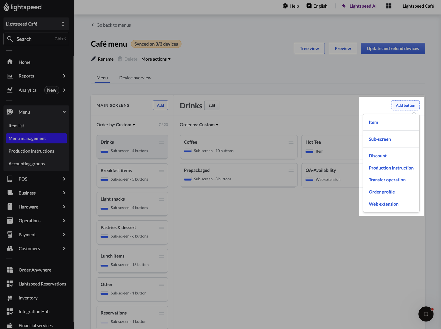 Lightspeed Restaurant add web extension button from menu