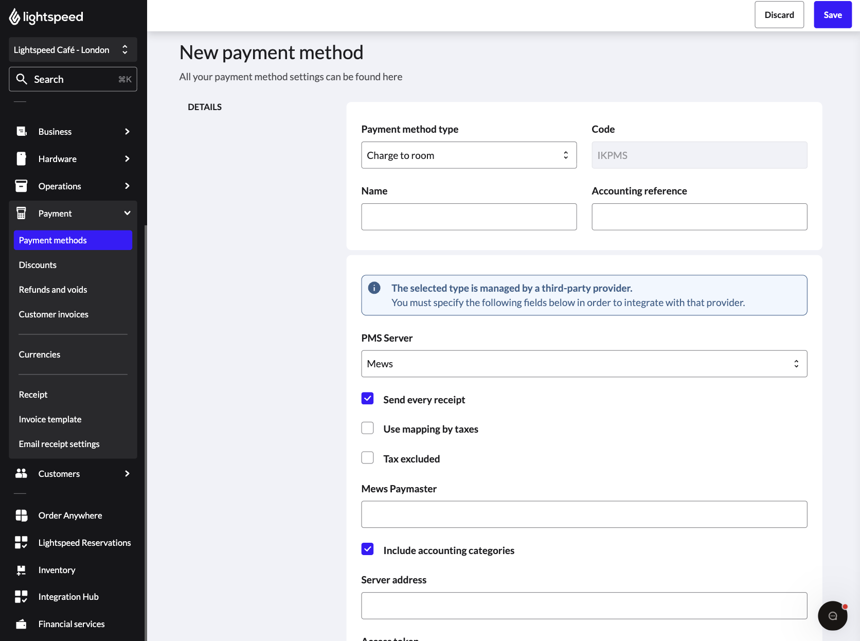 The Charge to room payment method in Lightspeed Restaurant