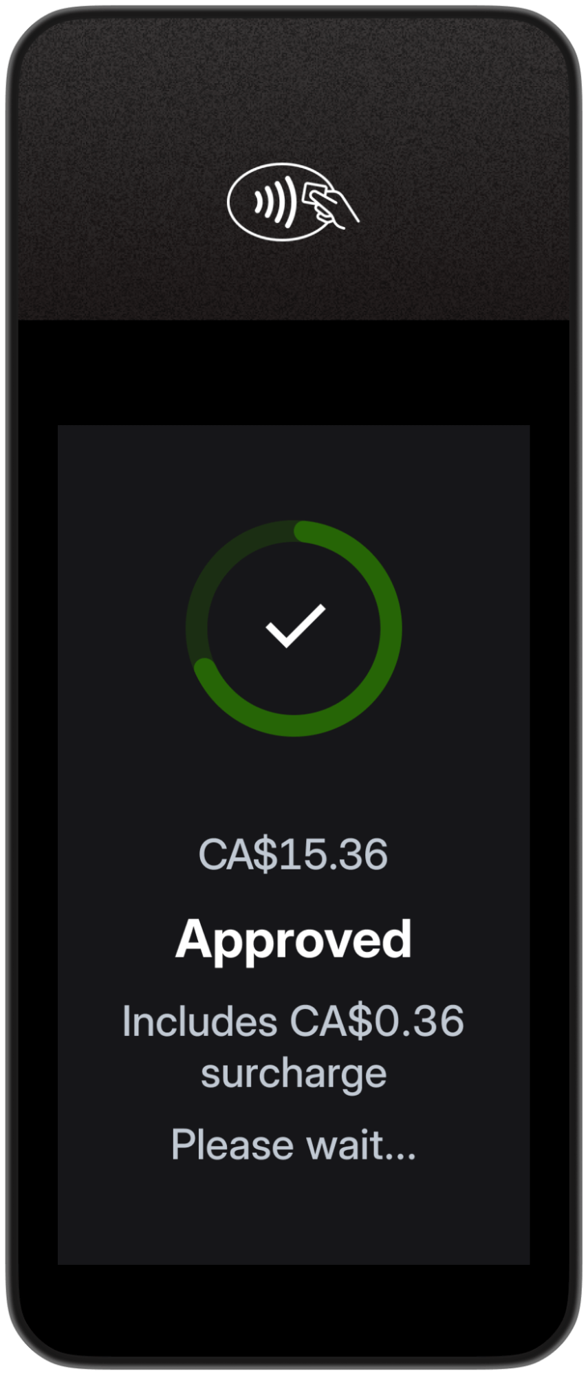The payment terminal screen showing an Approved confirmation with surcharge information.