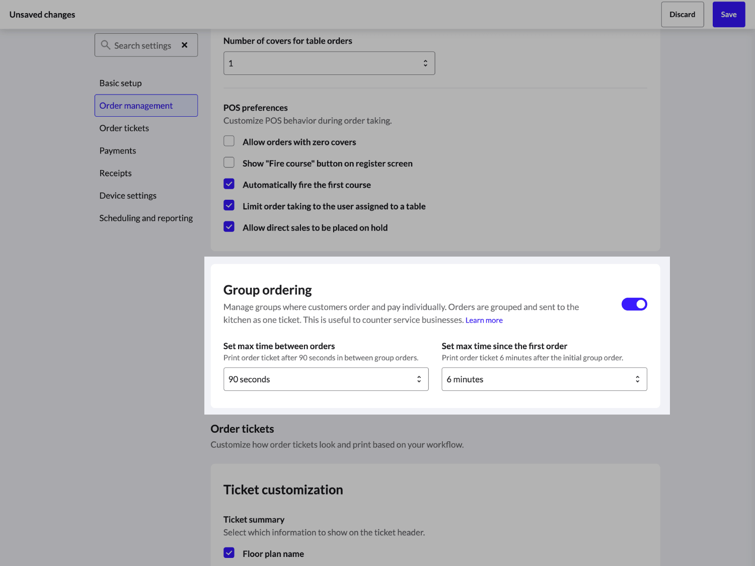Order management settings with the "Group ordering" setting enabled.