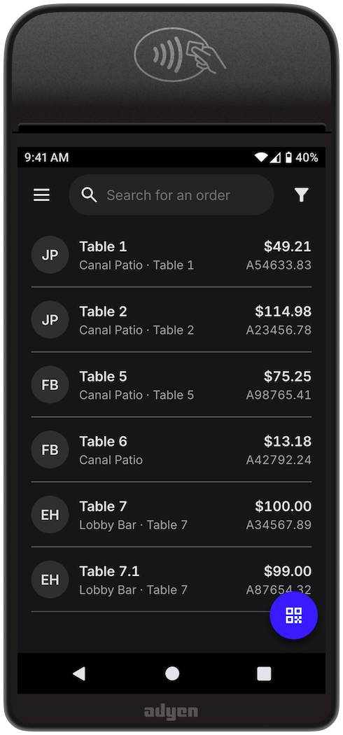 The payment terminal's orders screen for Pay at Table.