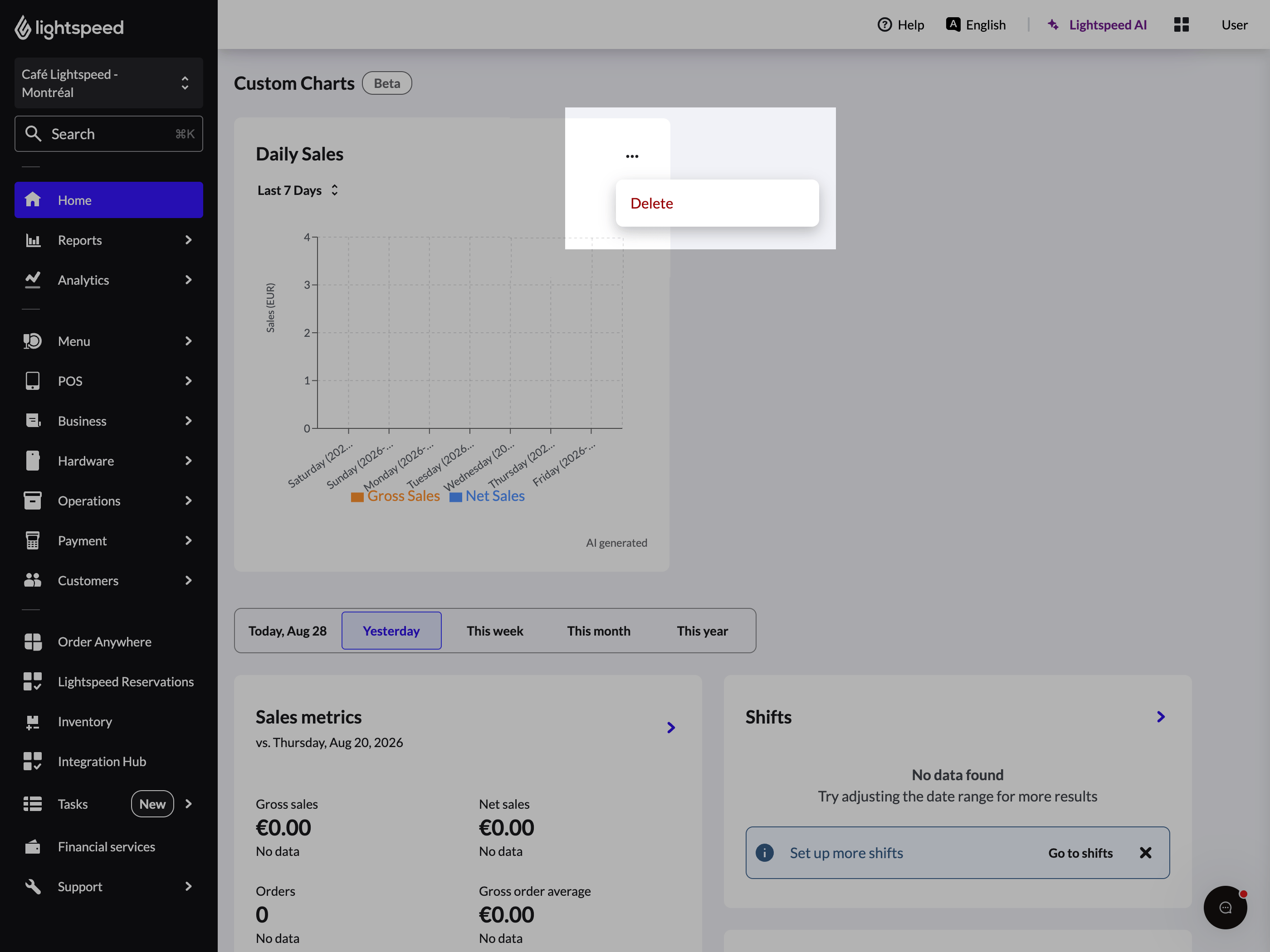 Deleting a custom chart from your Back Office dashboard