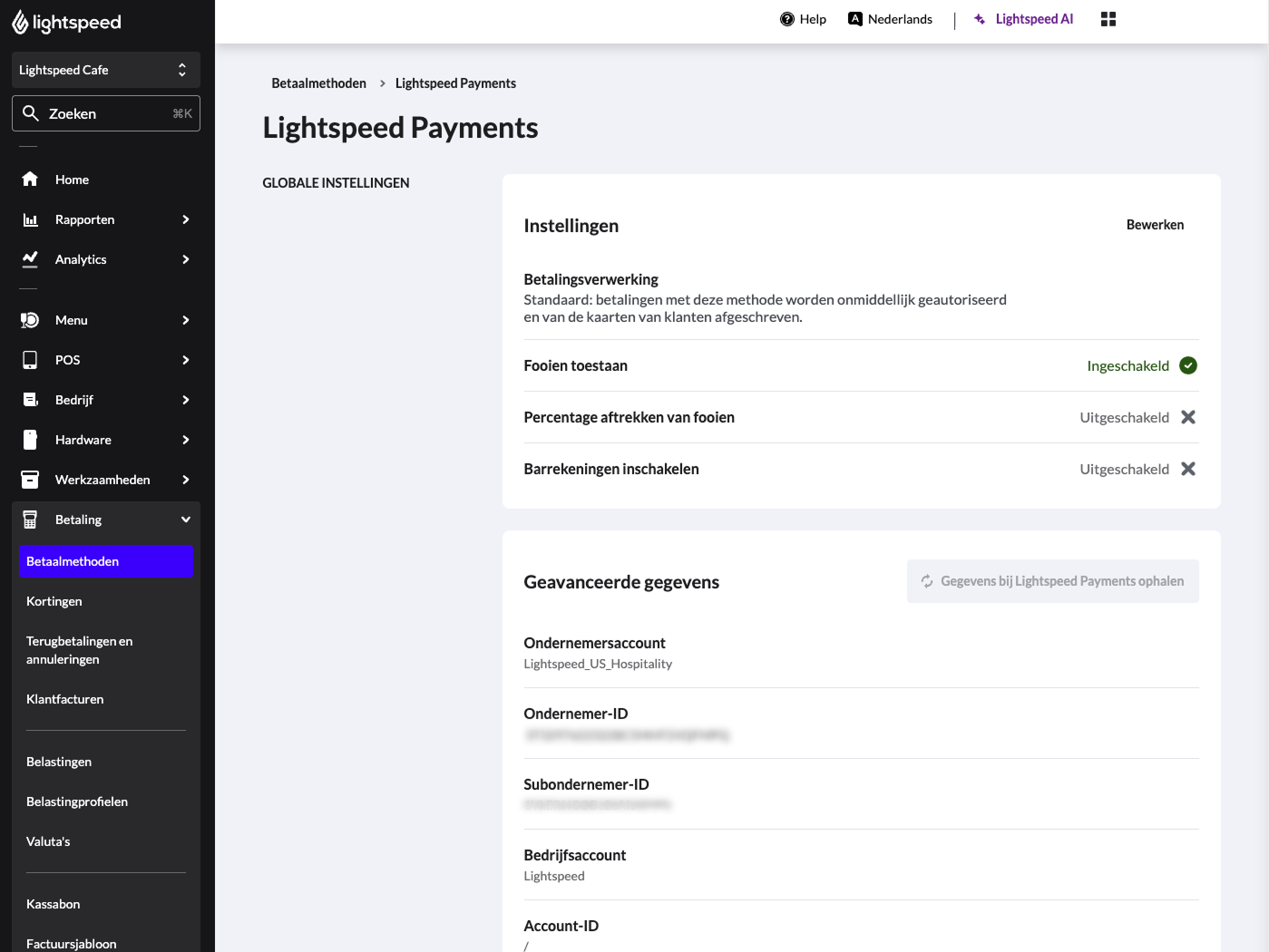 De detailpagina van het Lightspeed Payments-betaaltype.