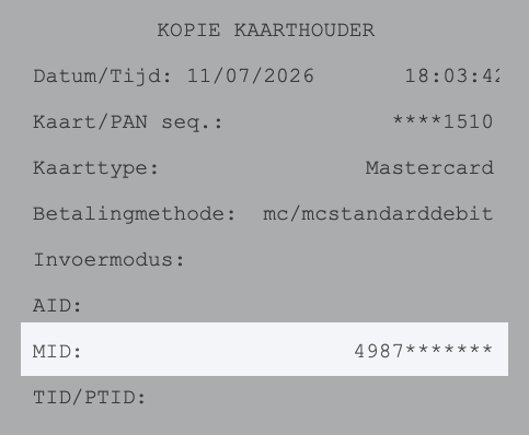 Afbeelding van een creditcardbon. De Mastercard MID is gemarkeerd.