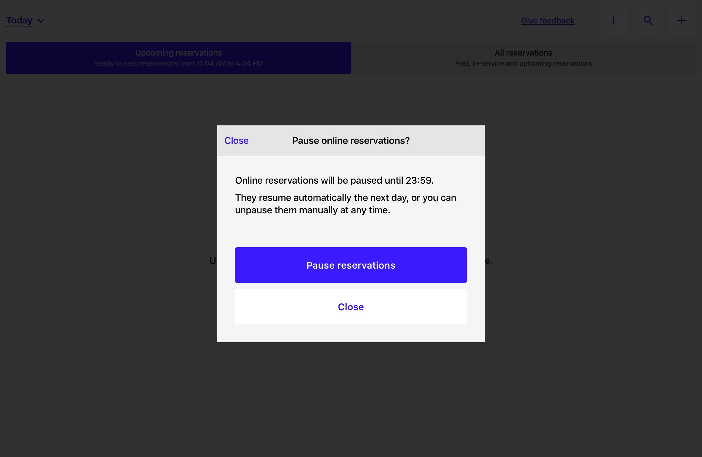 Lightspeed Reservations pause prompt on the POS