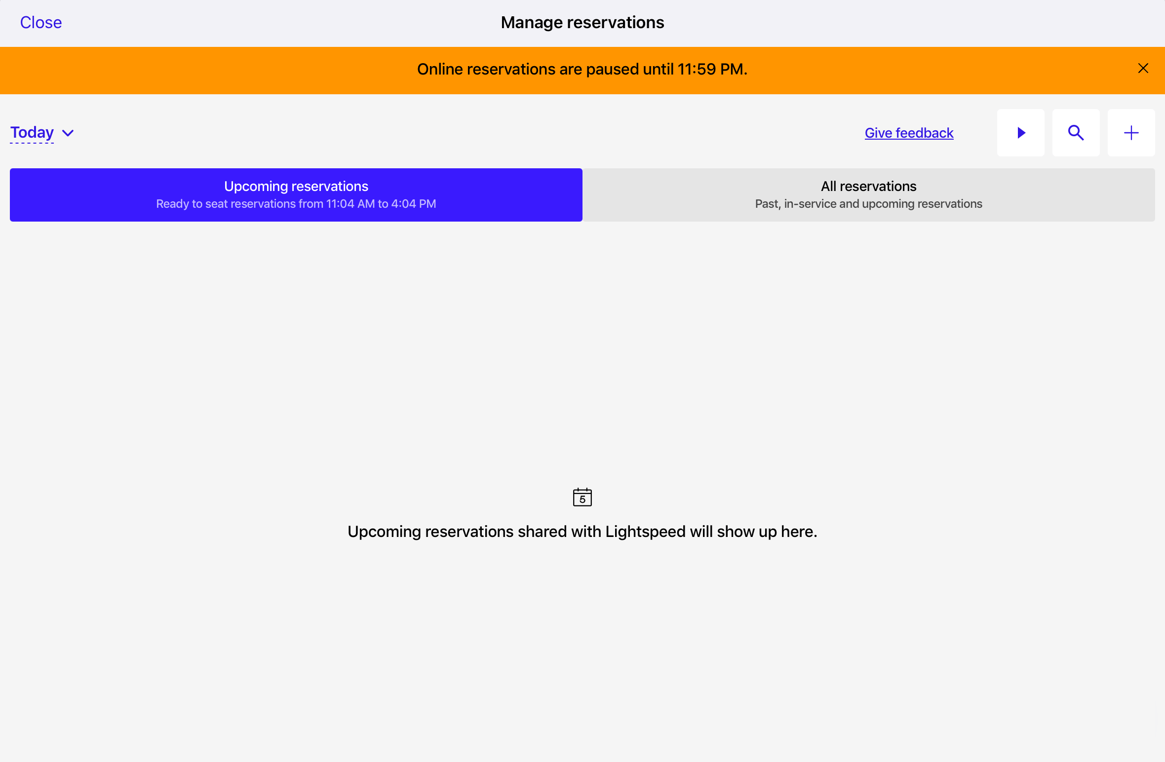 Lightspeed Reservations paused on the POS