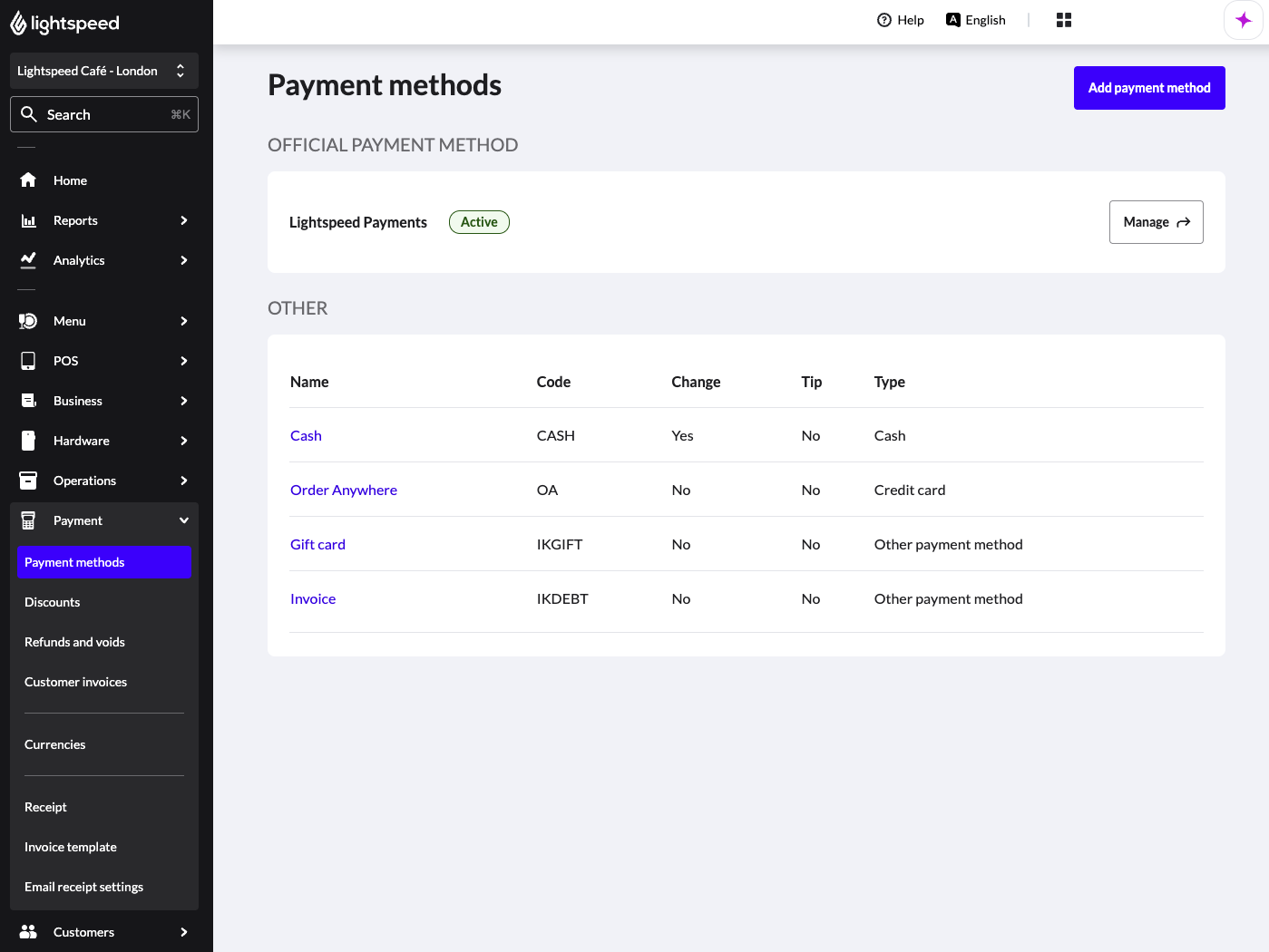 Image displays the landing page for payment methods in the Back Office of Lightspeed Restaurant.