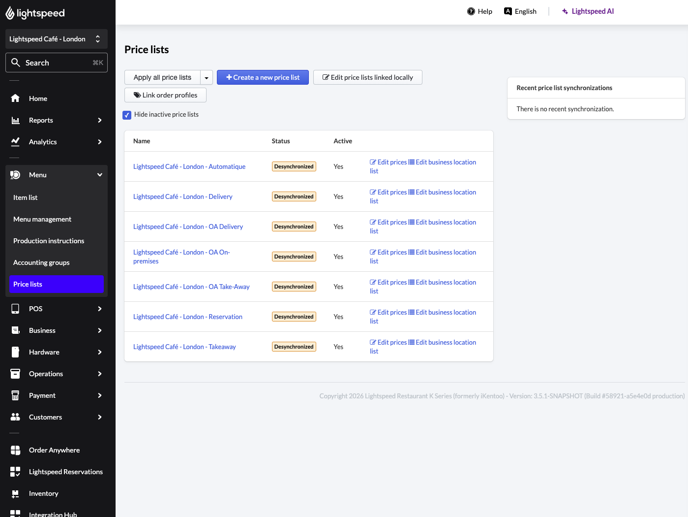 Back Office page showing price lists for multiple locations