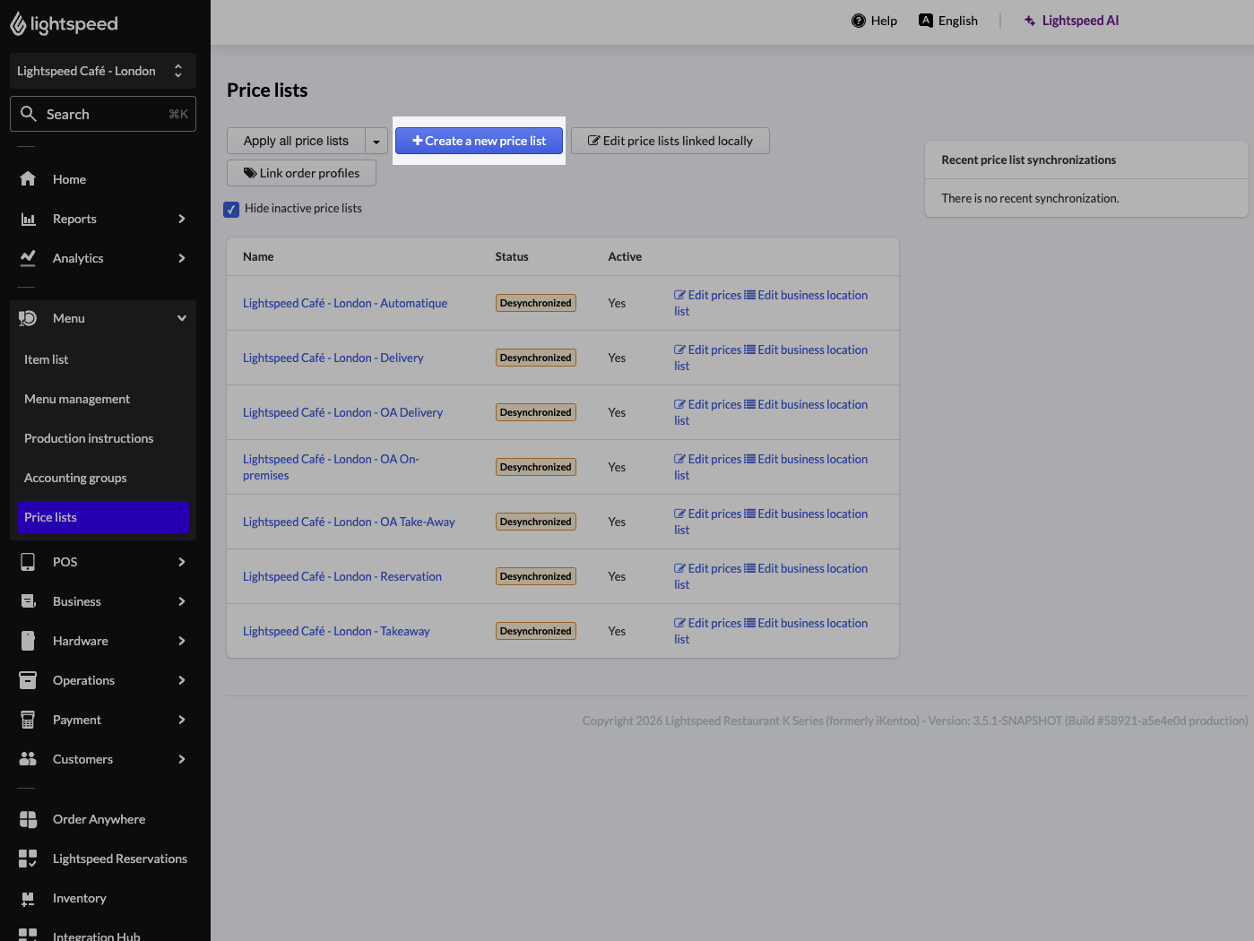 Create a new price list button highlighted