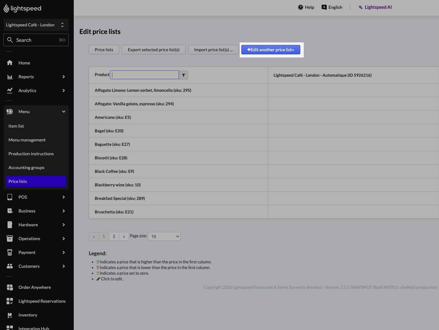 Editing and comparing multiple price lists