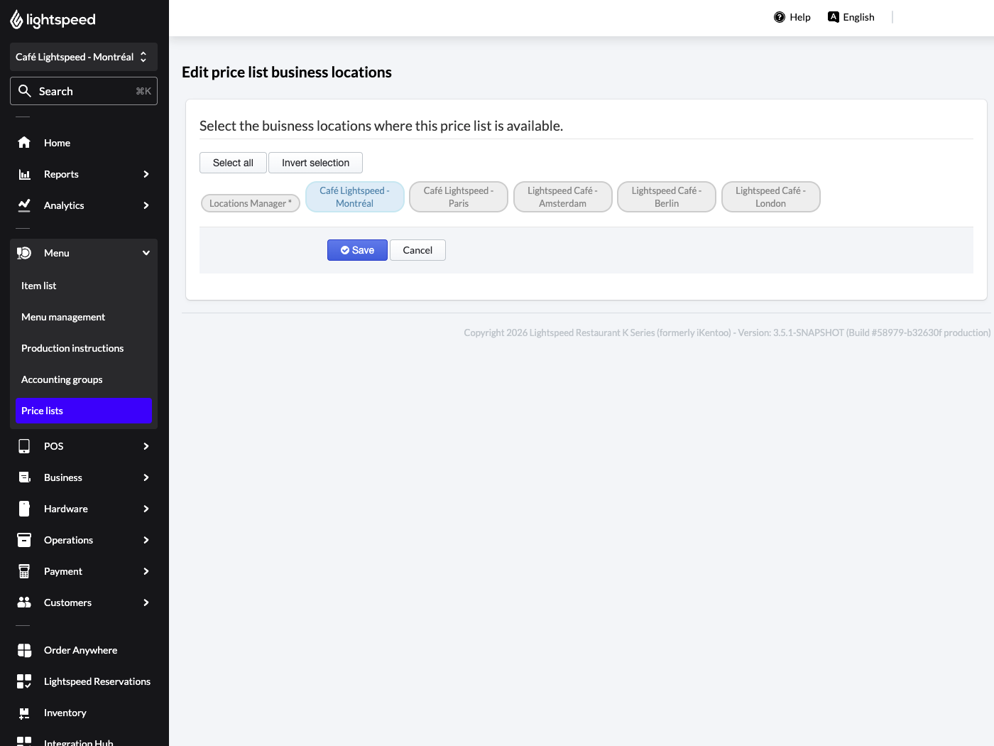 Edit price list business locations page