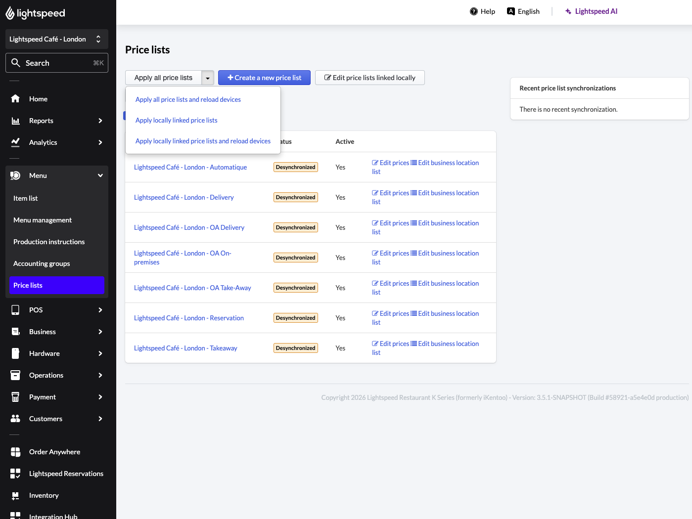 Dropdown menu with options to apply price lists