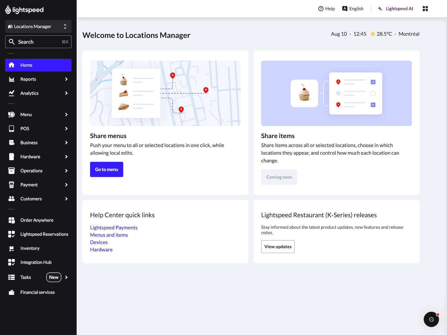 Die Seite 'Standortverwaltung' des Backoffice mit Kacheln zum Teilen von Menüs und Artikeln