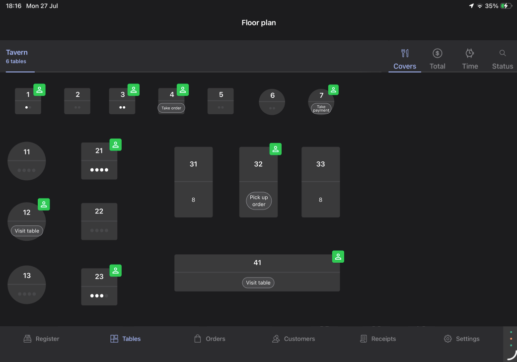 Tempo Alerts on the POS floor plan screen